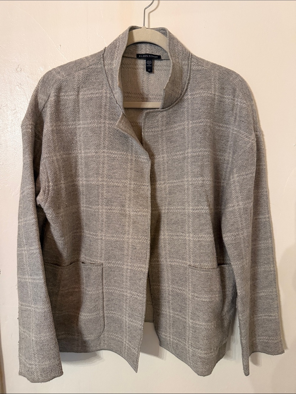 Eileen Fisher Light Gray Windowpane Open-Front Jacket